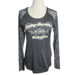 Harley Davidson Black Long Sheer Sleeve Tee Shirt Top